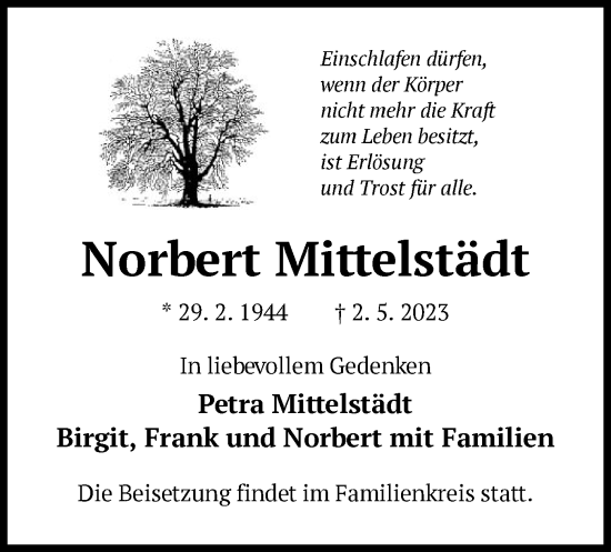 Traueranzeige von Norbert Mittelstädt von OF