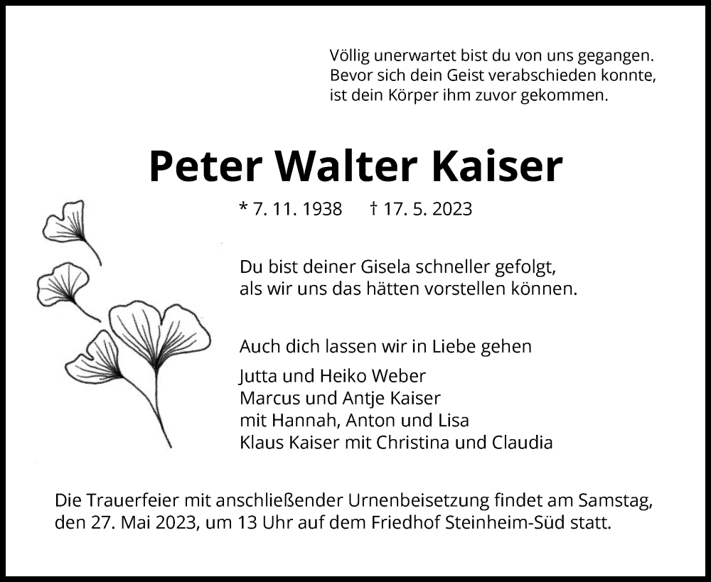  Traueranzeige für Peter Walter Kaiser vom 20.05.2023 aus OF