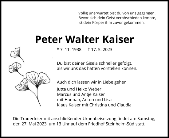 Traueranzeige von Peter Walter Kaiser von OF