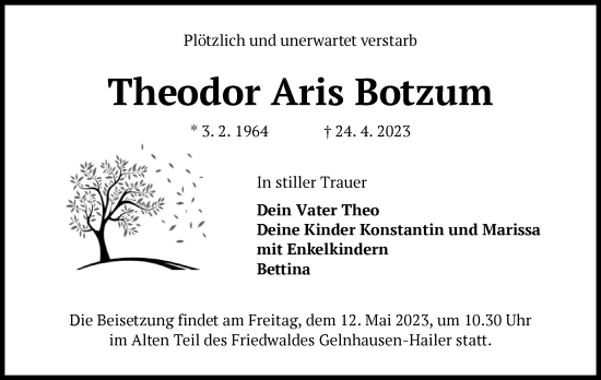 Traueranzeige von Theodor Aris Botzum von OF