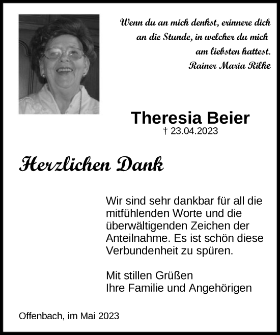 Traueranzeige von Theresia Beier von OF