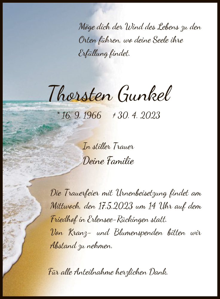  Traueranzeige für Thorsten Gunkel vom 06.05.2023 aus OF