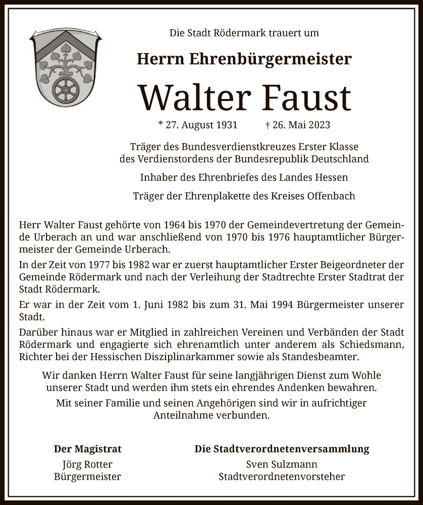  Traueranzeige für Walter Faust vom 31.05.2023 aus OF
