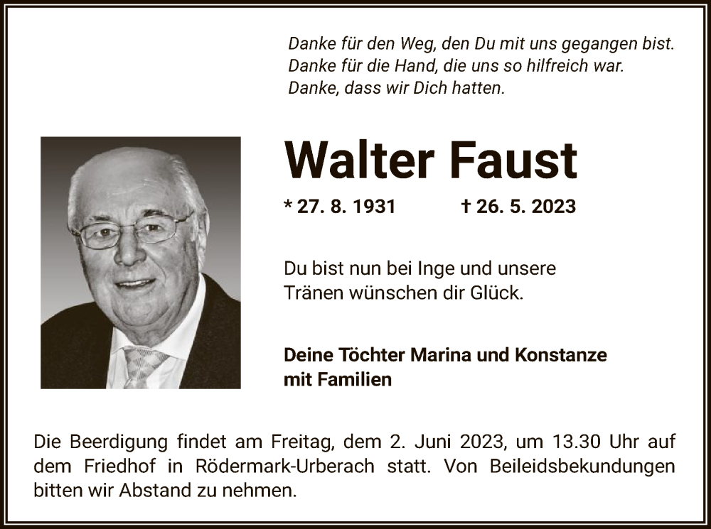  Traueranzeige für Walter Faust vom 31.05.2023 aus OF