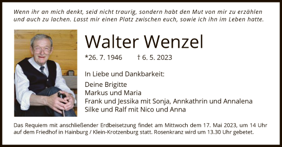 Traueranzeige von Walter Wenzel von OF