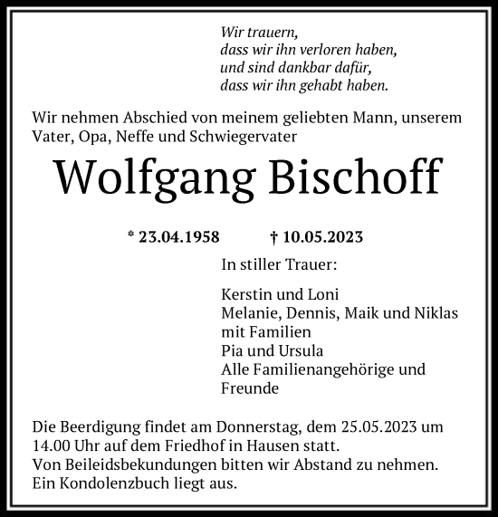 Traueranzeige von Wolfgang Bischoff von OF