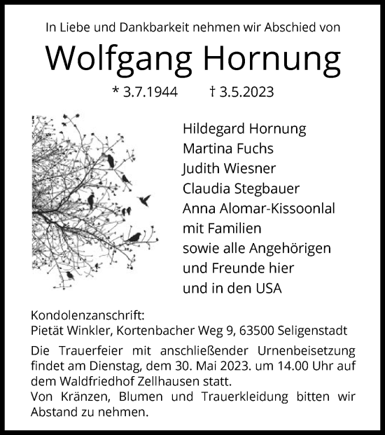 Traueranzeige von Wolfgang Hornung von OF