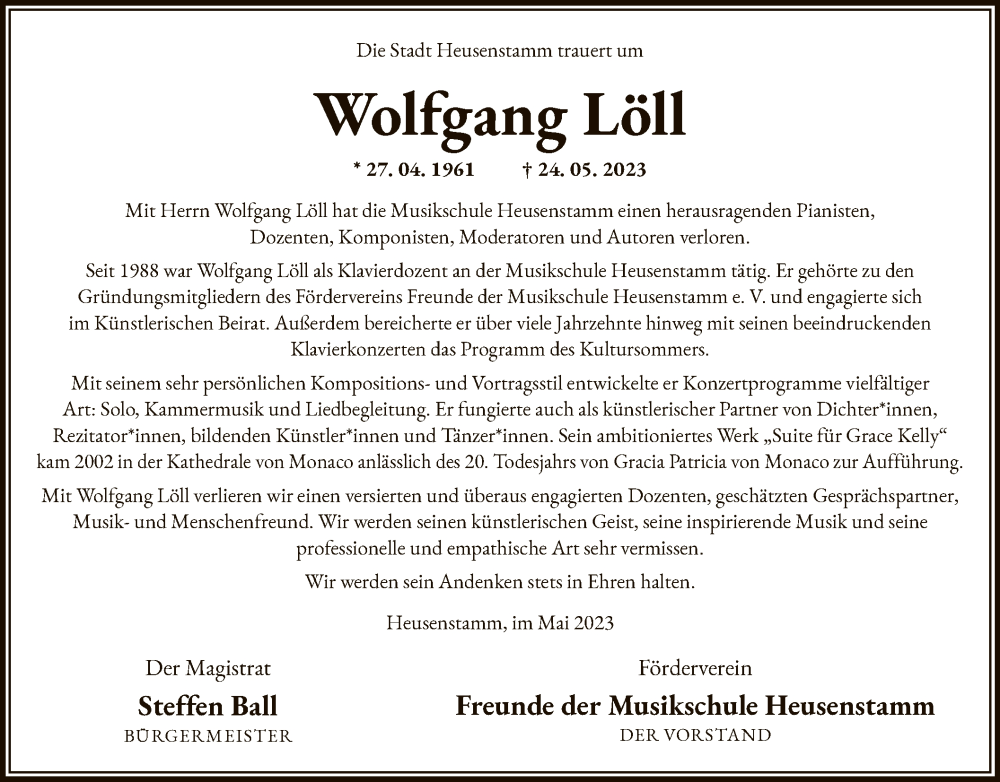  Traueranzeige für Wolfgang Löll vom 31.05.2023 aus OF