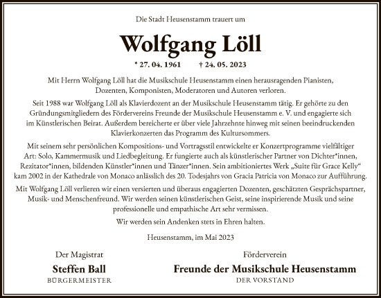 Traueranzeige von Wolfgang Löll von OF