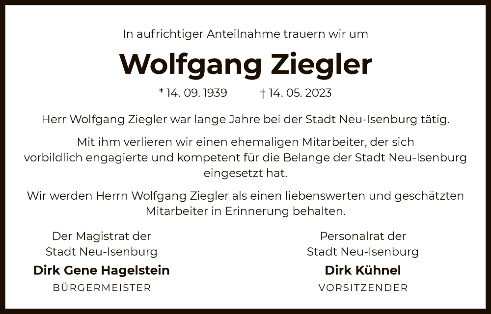  Traueranzeige für Wolfgang Ziegler vom 25.05.2023 aus OF