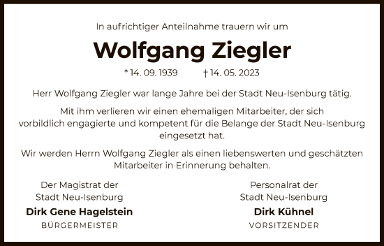 Traueranzeige von Wolfgang Ziegler von OF