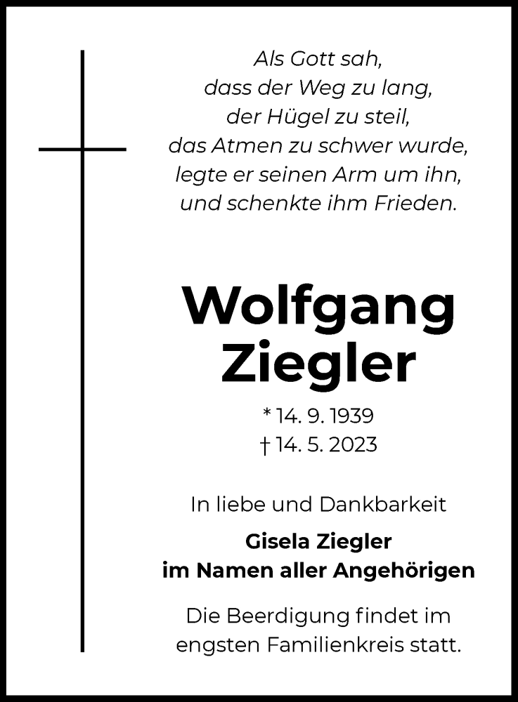  Traueranzeige für Wolfgang Ziegler vom 26.05.2023 aus OF