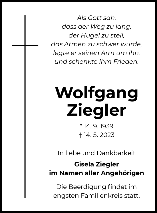 Traueranzeige von Wolfgang Ziegler von OF