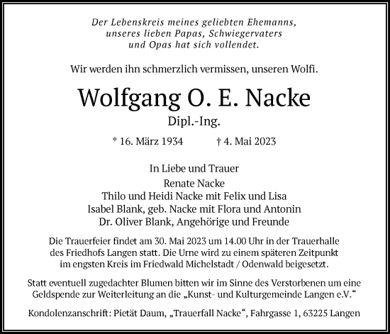 Traueranzeige von Wolfgang O. E. Nacke von OF