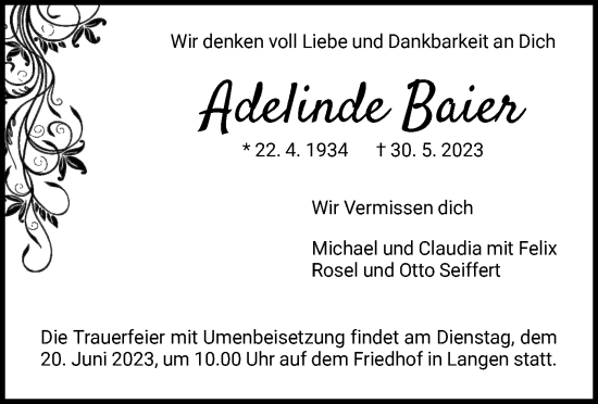 Traueranzeige von Adelinde Baier von OF