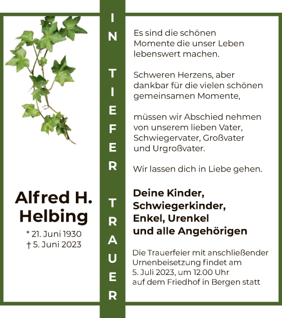 Traueranzeige von Alfred H. Helbing von OF