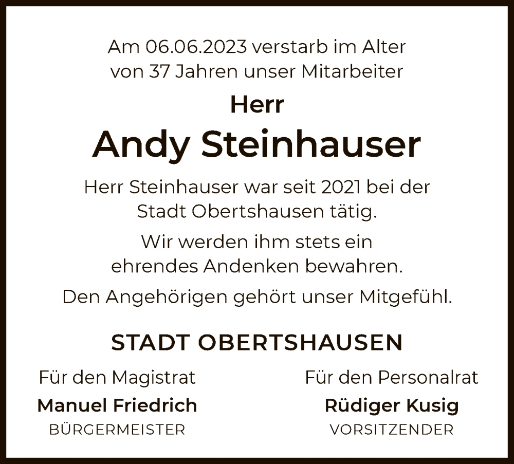  Traueranzeige für Andy Steinhauser vom 14.06.2023 aus OF