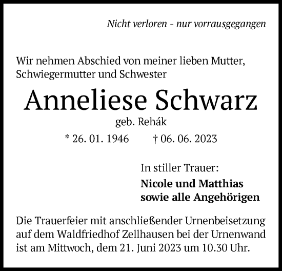 Traueranzeige von Anneliese Schwarz von OF