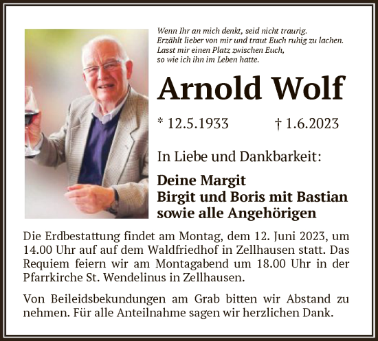 Traueranzeige von Arnold Wolf von OF