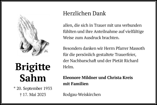 Traueranzeige von Brigitte Sahm von OF