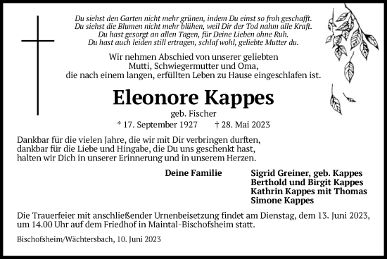 Traueranzeige von Eleonore Kappes von OF