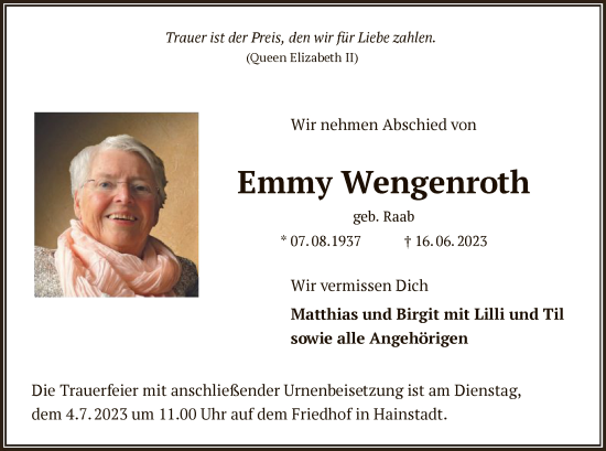 Traueranzeige von Emmy Wengenroth von OF