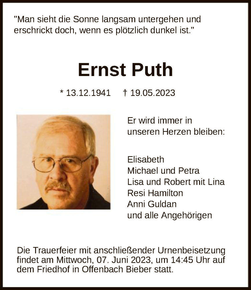  Traueranzeige für Ernst Puth vom 03.06.2023 aus OF