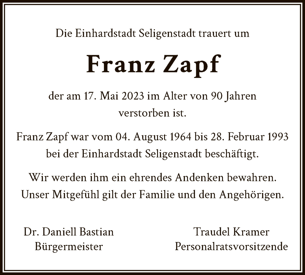  Traueranzeige für Franz Zapf vom 07.06.2023 aus OF
