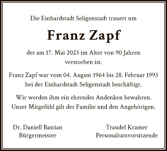 Traueranzeige von Franz Zapf von OF