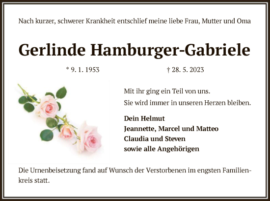 Traueranzeige von Gerlinde Hamburger-Gabriele von OF