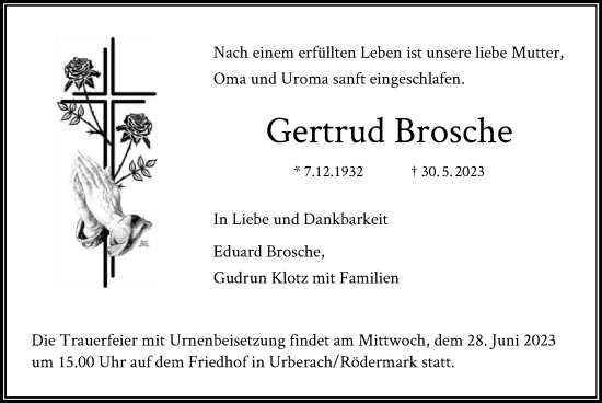 Traueranzeige von Gertrud Brosche von OF