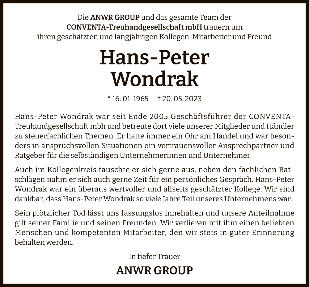  Traueranzeige für Hans-Peter Wondrak vom 03.06.2023 aus OF