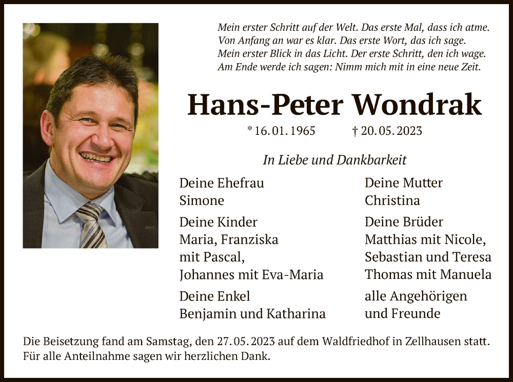  Traueranzeige für Hans-Peter Wondrak vom 07.06.2023 aus OF