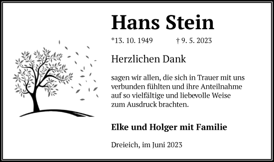 Traueranzeige von Hans Stein von OF