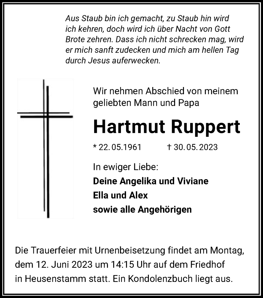  Traueranzeige für Hartmut Ruppert vom 07.06.2023 aus OF