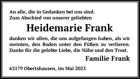 Traueranzeige von Heidemarie Frank von OF