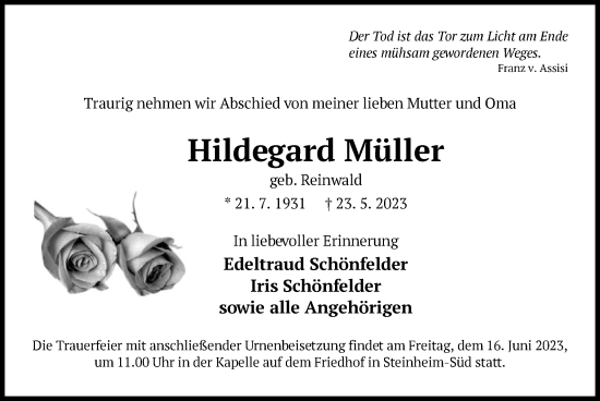 Traueranzeige von Hildegard Müller von OF