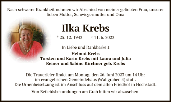 Traueranzeige von Ilka Krebs von OF