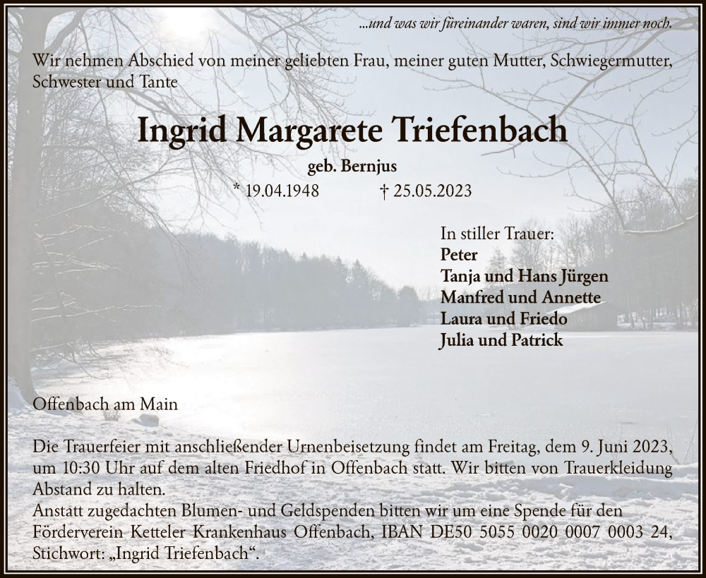  Traueranzeige für Ingrid Margarete Triefenbach vom 06.06.2023 aus OF