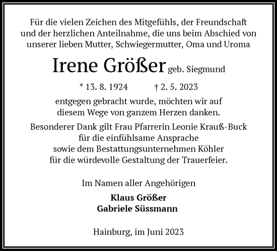 Traueranzeige von Irene Größer von OF