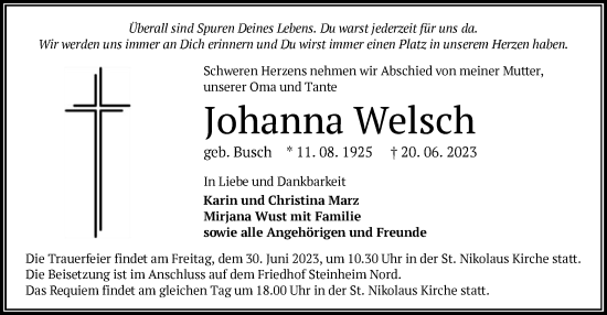 Traueranzeige von Johanna Welsch von OF