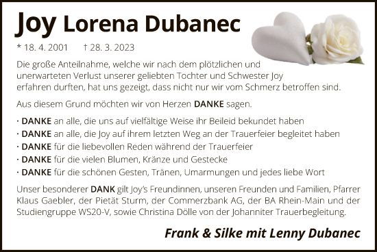 Traueranzeige von Joy Lorena Dubanec von OF