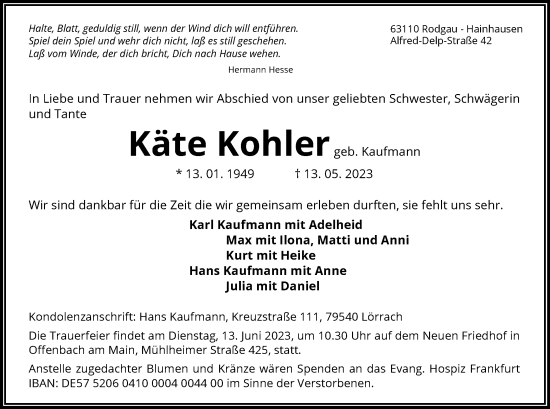 Traueranzeige von Käte Kohler von OF