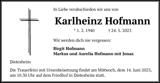 Traueranzeige von Karlheinz Hofmann von OF