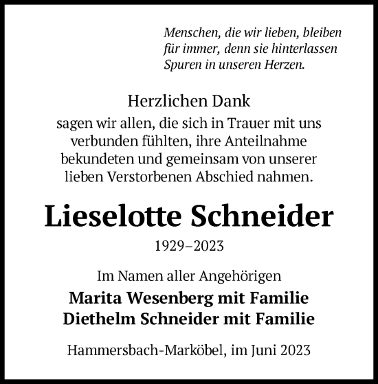 Traueranzeige von Lieselotte Schneider von OF