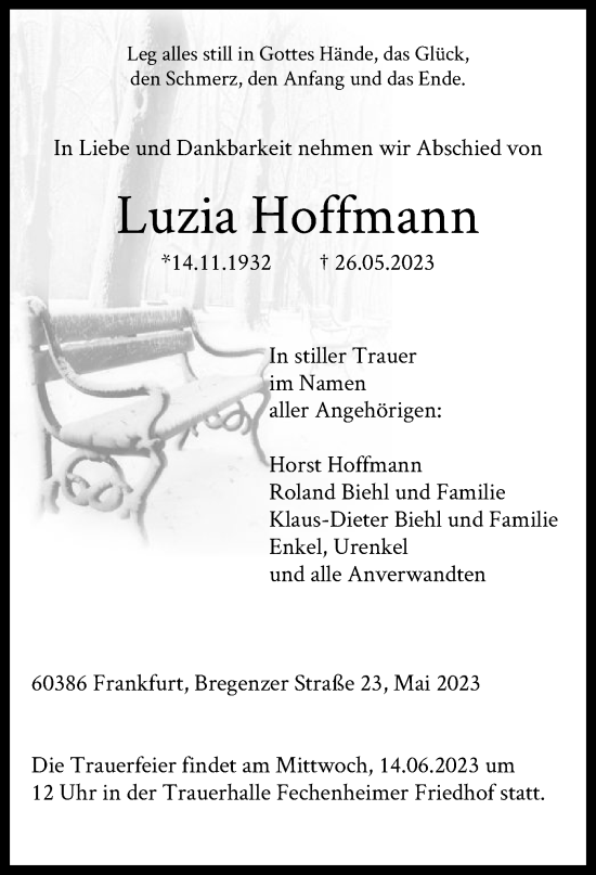 Traueranzeige von Luzia Hoffmann von OF