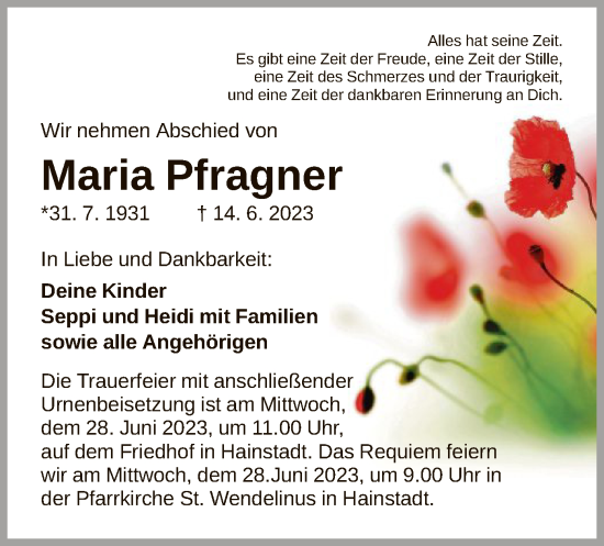 Traueranzeige von Maria Pfragner von OF