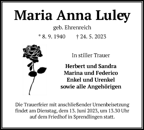 Traueranzeige von Maria Anna Luley von OF