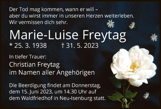 Traueranzeige von Marie-Luise Freytag von OF