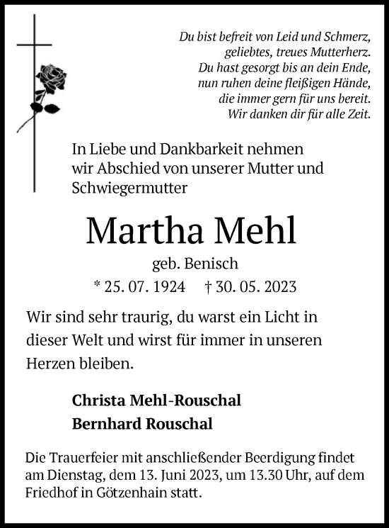 Traueranzeige von Martha Mehl von OF